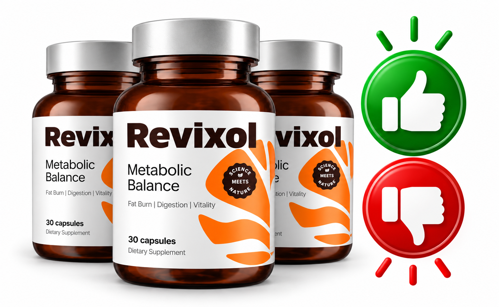Revixol-flaskor with pros and cons symbols