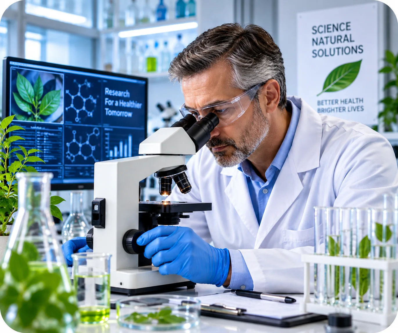 Researcher examining botanical ingredients in a laboratory